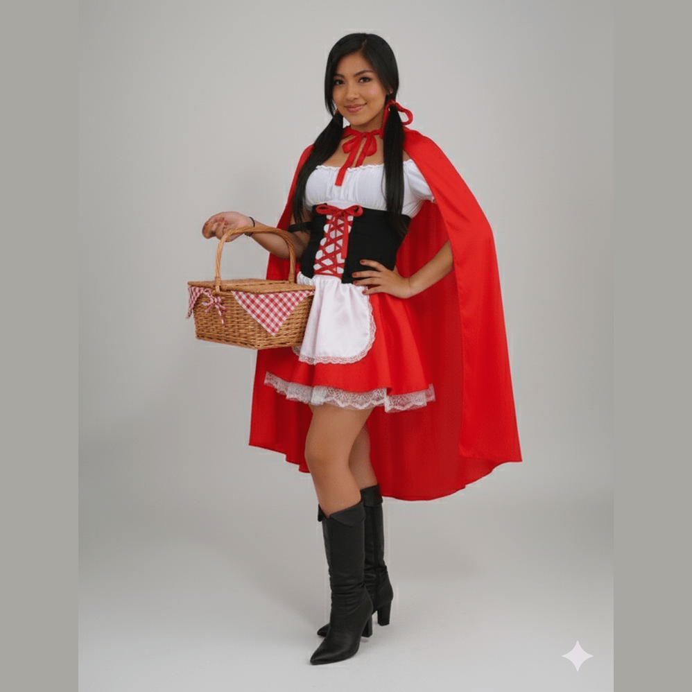 Disfraz unisex de Caperucita Roja con capa roja, vestido negro con delantal blanco y botas negras, con cesta de mimbre.