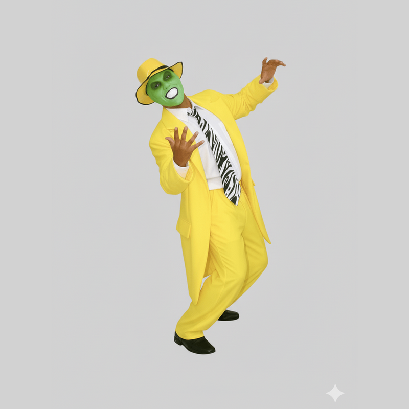 Disfraz amarillo de traje con sombrero y corbata blanca y negra, máscara verde de La Máscara.