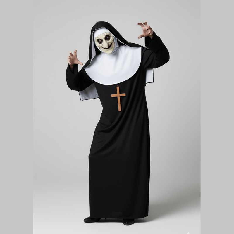 Disfraz de monja negro con hábito blanco y máscara de calavera para Halloween.
