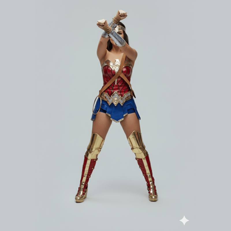 Disfraz Wonder Woman con corsé rojo, falda azul, brazaletes y botas doradas y rojas.