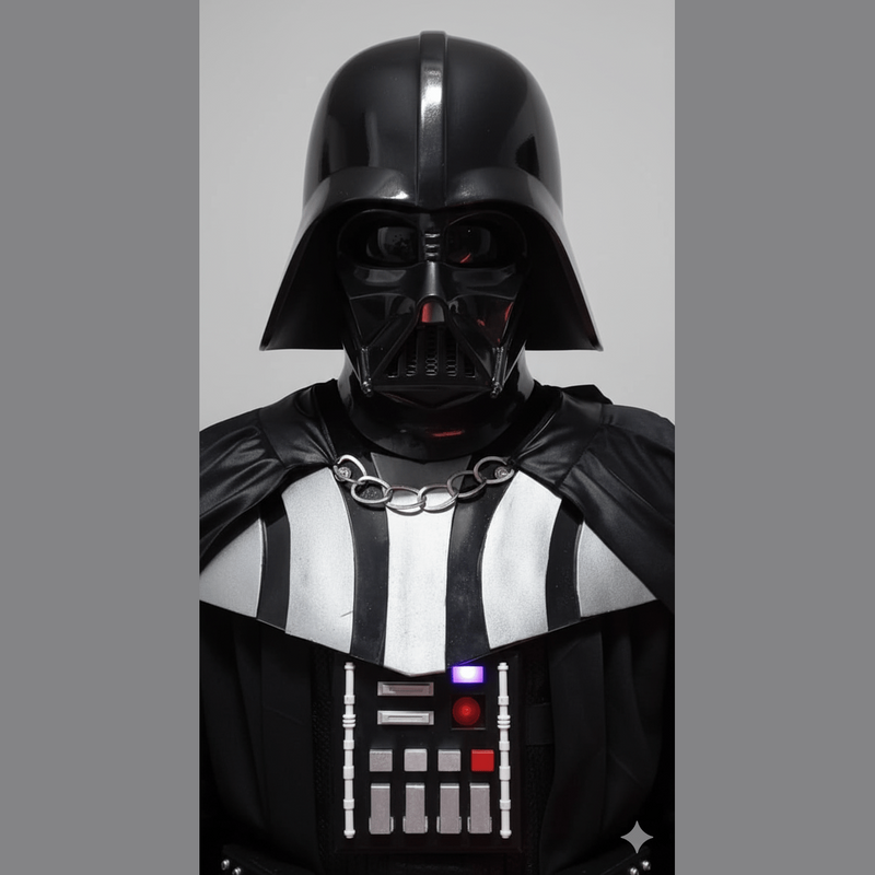 Disfraz oscuro de Darth Vader con casco negro brillante y capa negra premium.