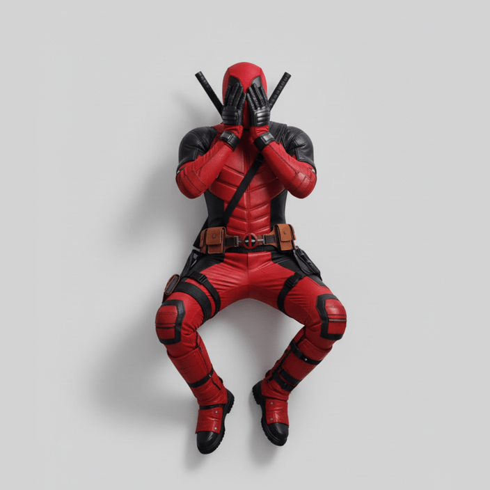 Disfraz rojo y negro de Deadpool con detalles ajustados y armas en la espalda.