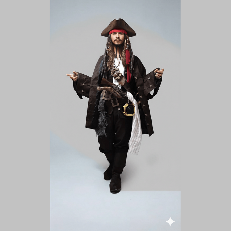 Disfraz adulto de pirata con chaqueta negra, pantalón oscuro, pañuelo blanco y sombrero tricornio marrón.