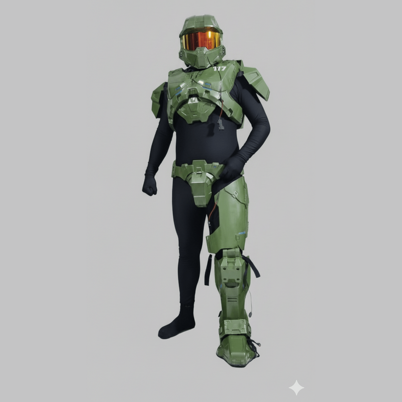 Armadura verde de Jefe Maestro con visor dorado, traje completo y detalles realistas para cosplay adulto.