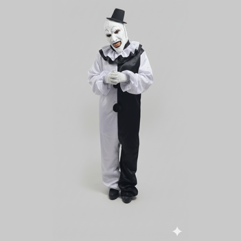 Disfraz adulto Terrifier con traje bicolor blanco y negro y máscara de payaso siniestro con sombrero negro.