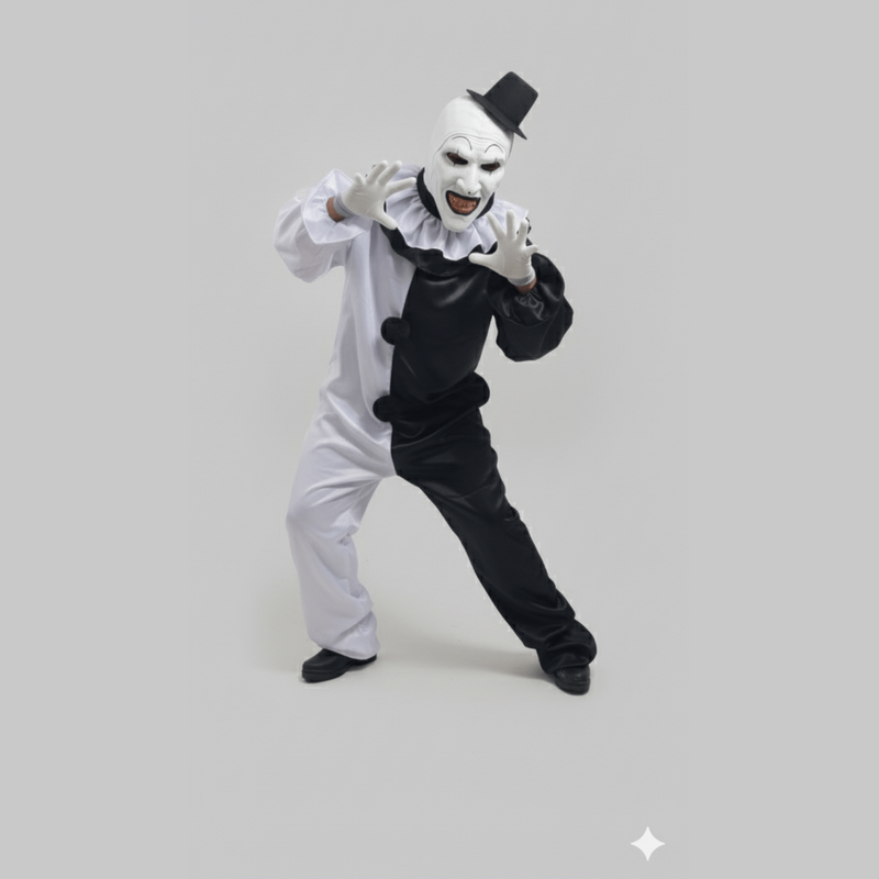 Disfraz de payaso siniestro bicolor blanco y negro con sombrero pequeño y maquillaje terrorífico.