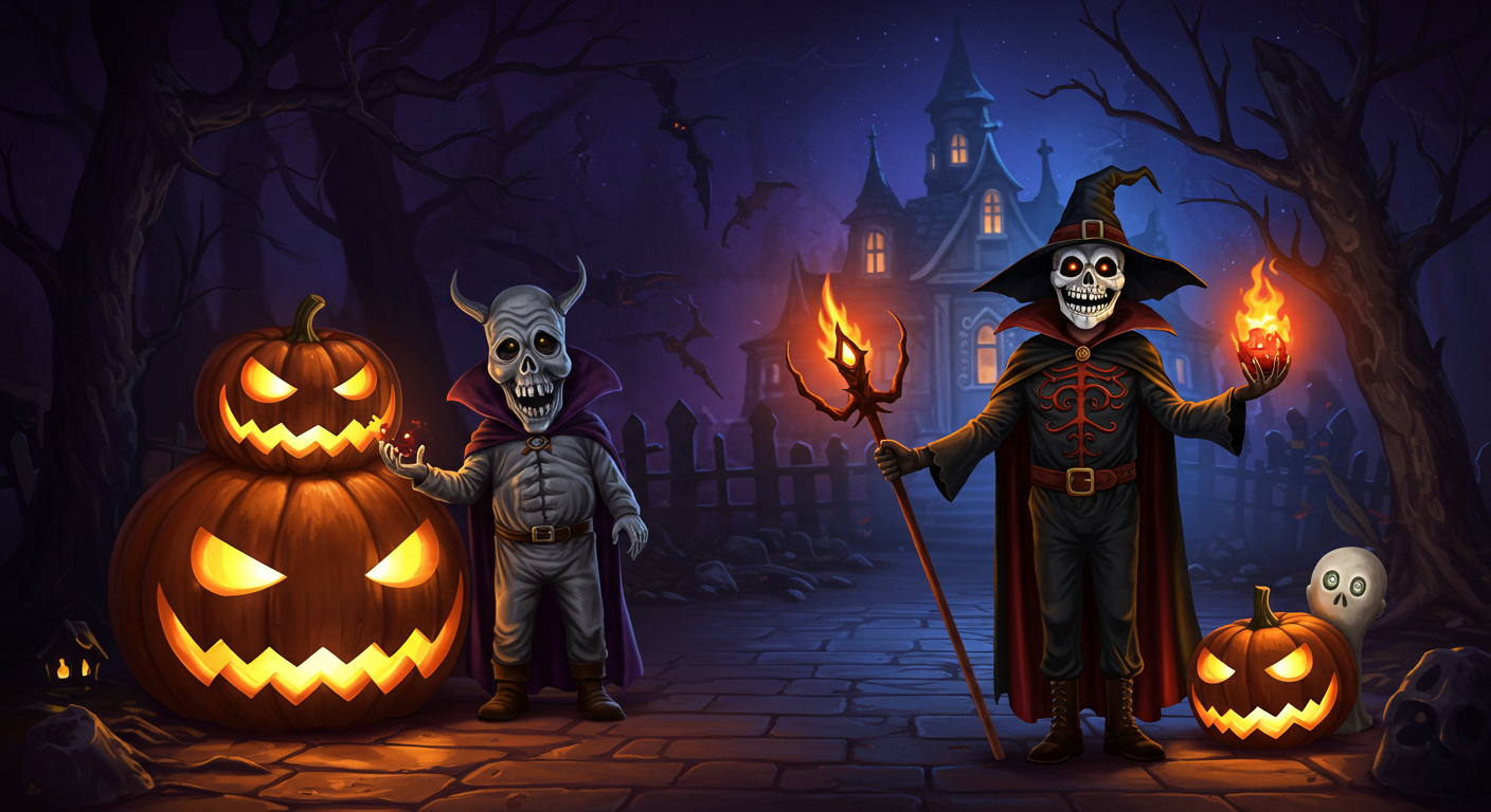 Dos figuras esqueléticas con antorchas junto a calabazas iluminadas, ante una mansión embrujada y un bosque oscuro