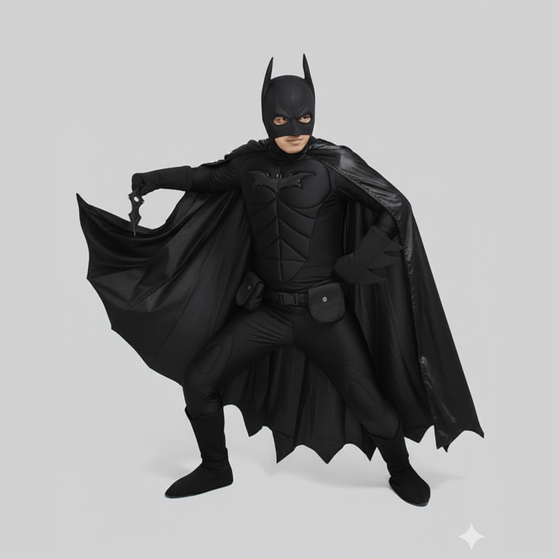 Traje cosplay Batman clásico negro con capa larga y máscara de orejas puntiagudas.
