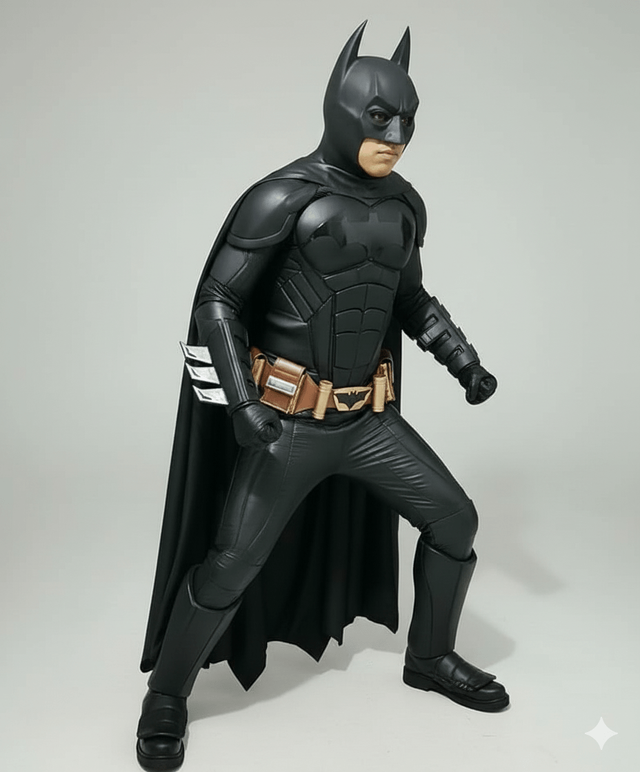 Traje de Batman negro con capa, cinturón dorado y detalles en pecho y brazos.