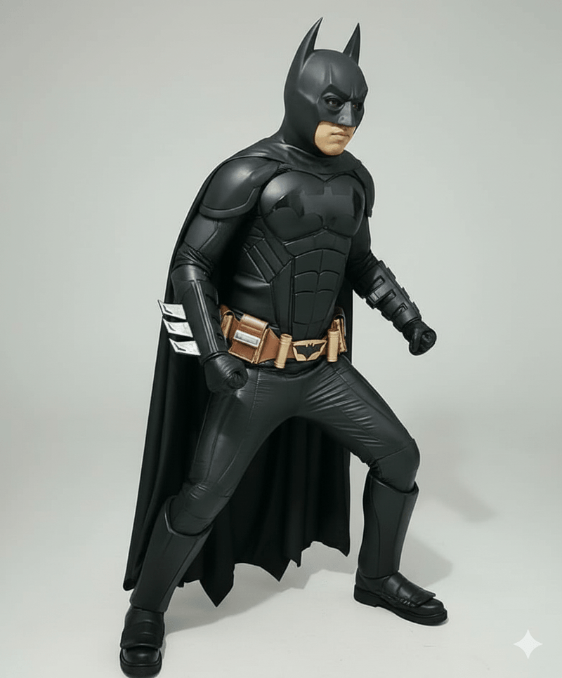 Traje de Batman negro con capa, cinturón dorado y detalles en pecho y brazos.