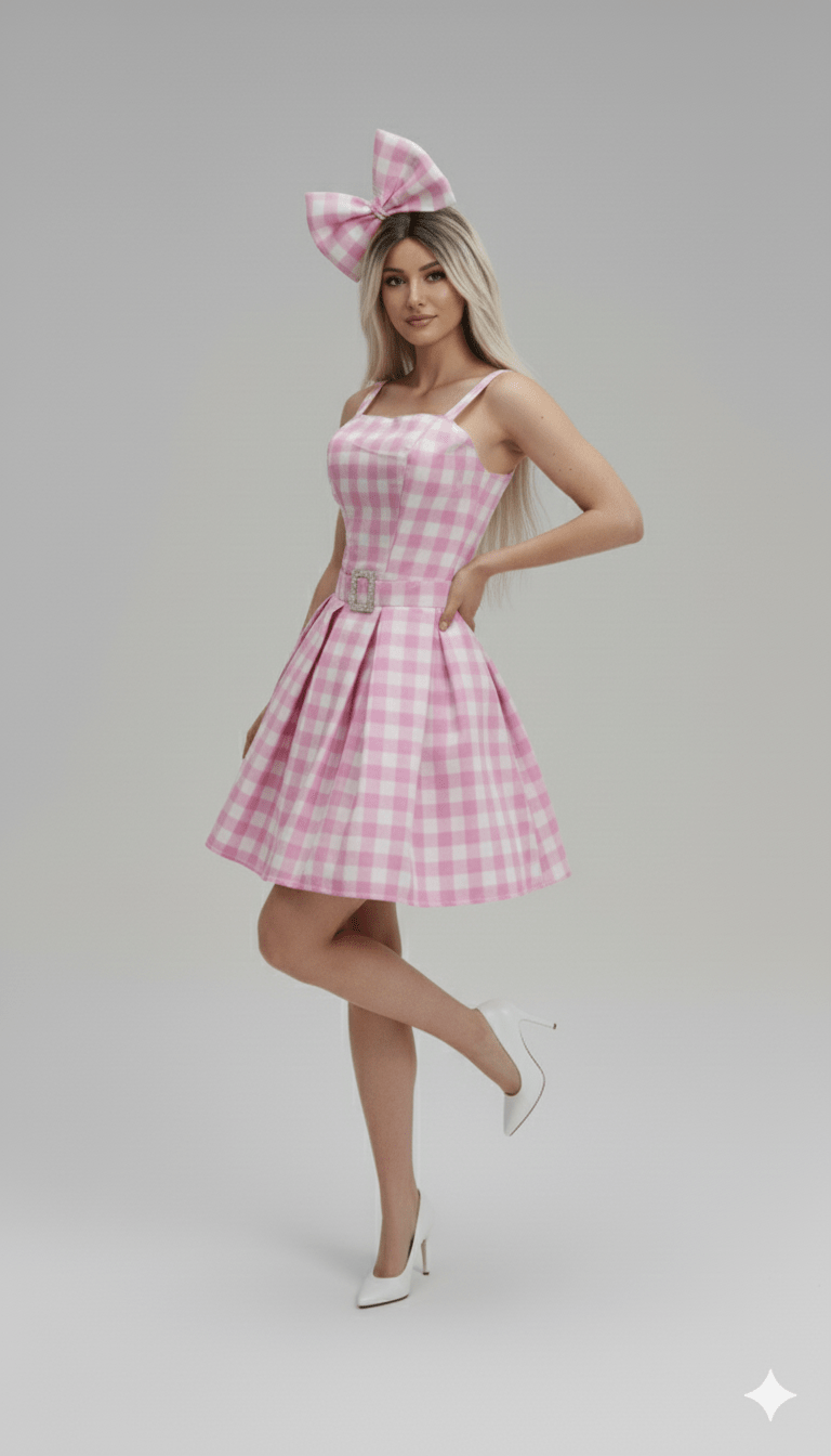 Vestido corto estampado vichy rosa y blanco con moño a juego y tacones blancos.