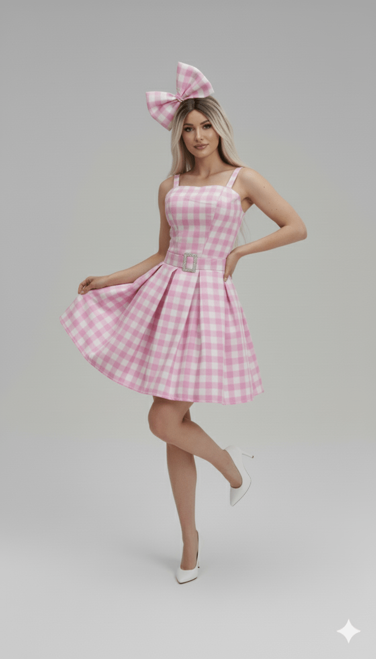 Vestido corto de cuadros vichy rosa y blanco con moño grande a juego y tacones blancos.
