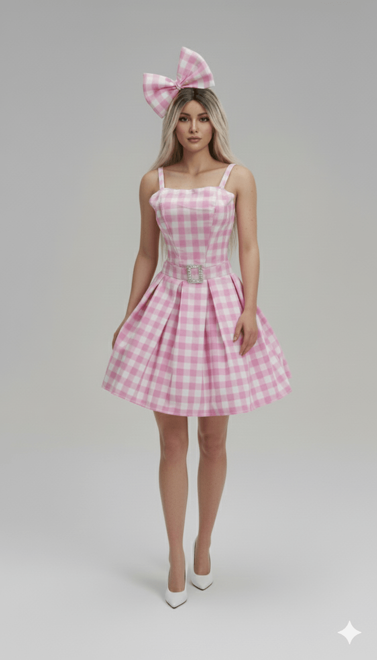 Vestido rosa y blanco de cuadros vichy con tirantes y moño a juego grande.