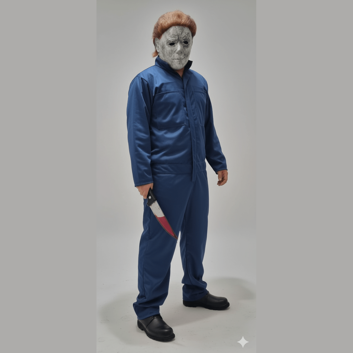 Disfraz adulto Michael Myers con overol azul y máscara blanca aterradora con cuchillo rojo.