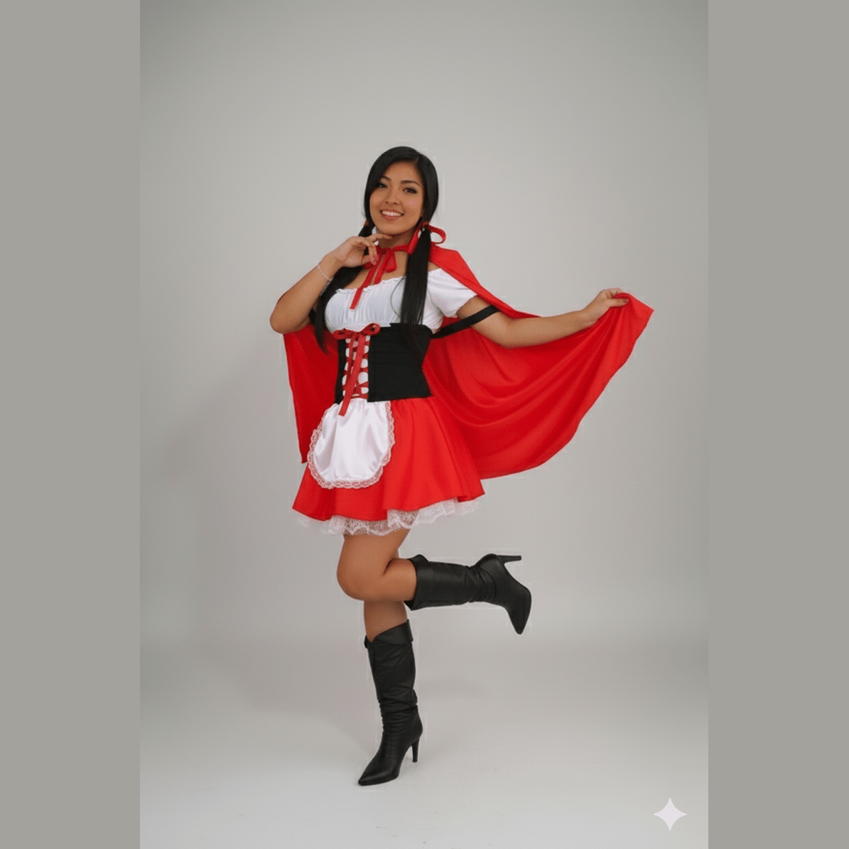 Disfraz de Caperucita Roja con capa y corsé negro con vestido rojo y botas negras altas.