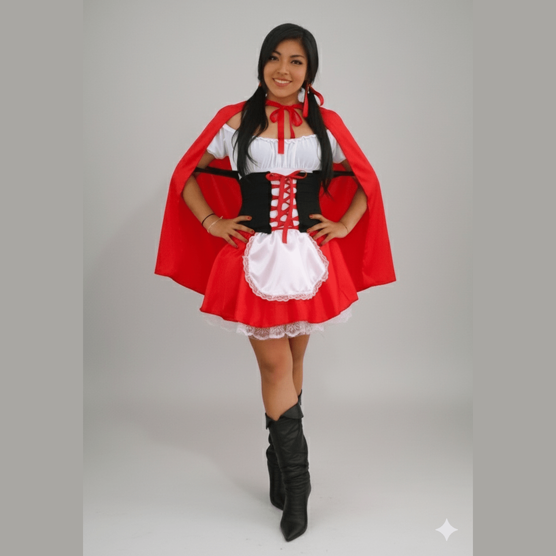 Disfraz unisex de Caperucita Roja con capa roja, vestido negro y blanco con delantal y botas negras.