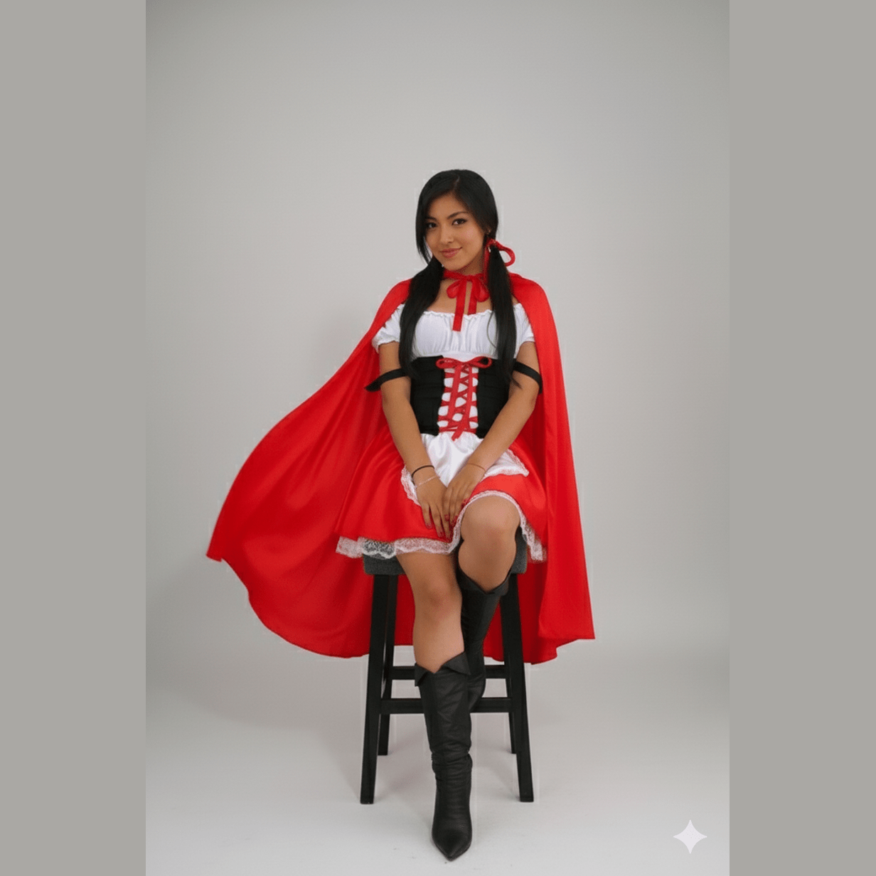 Disfraz unisex Caperucita Roja con capa roja, corsé negro, falda con encaje blanco y botas negras.