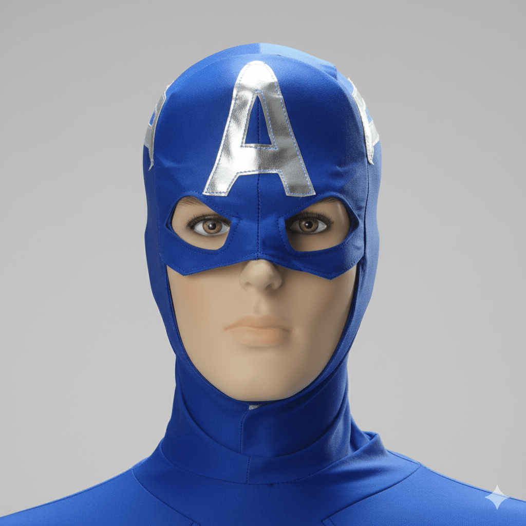Máscara azul de Capitán América con letra A plateada y recortes para ojos.