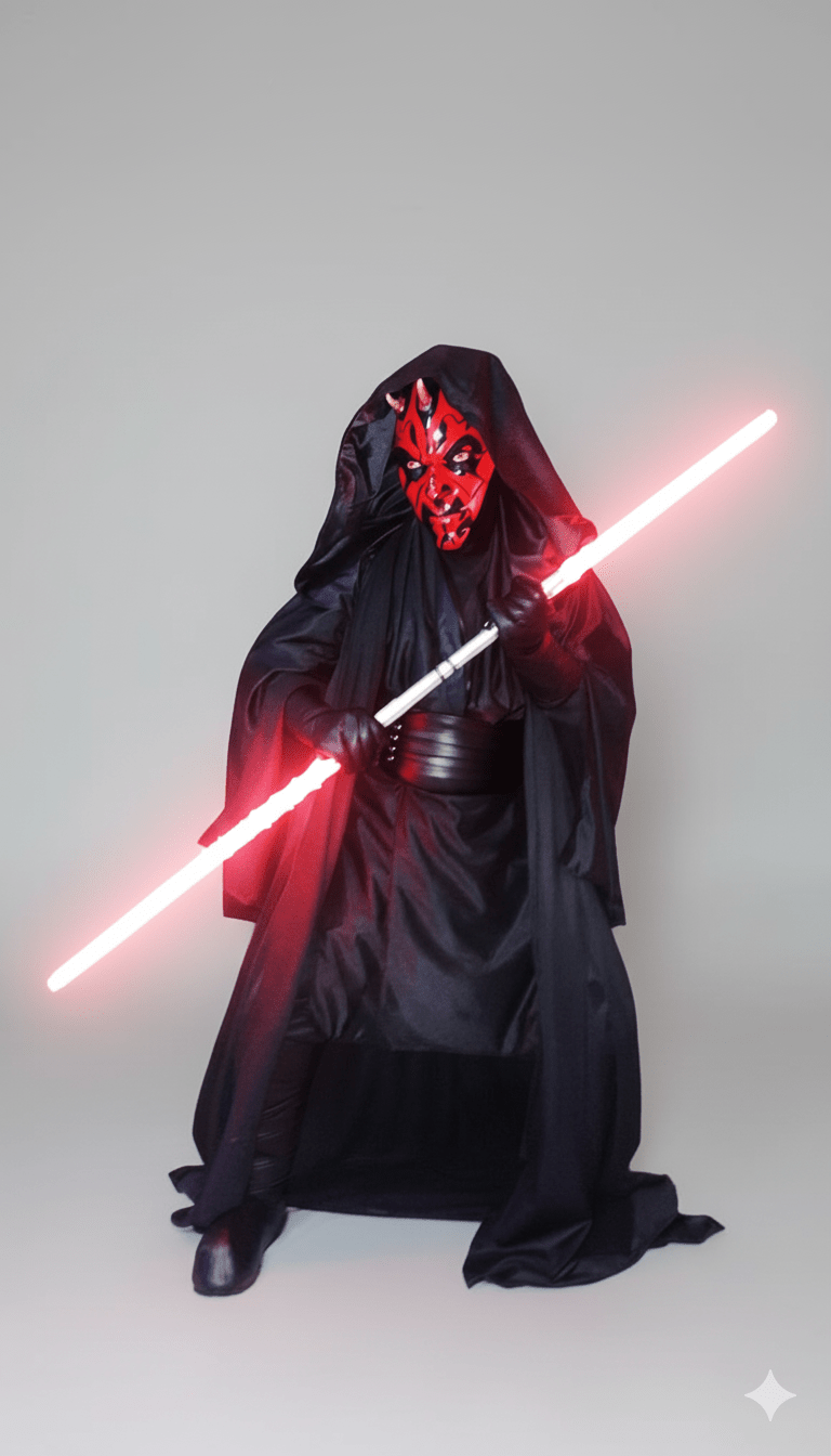Disfraz adulto de Darth Maul con túnica negra, capucha y máscara roja con negro, sable de luz doble rojo.
