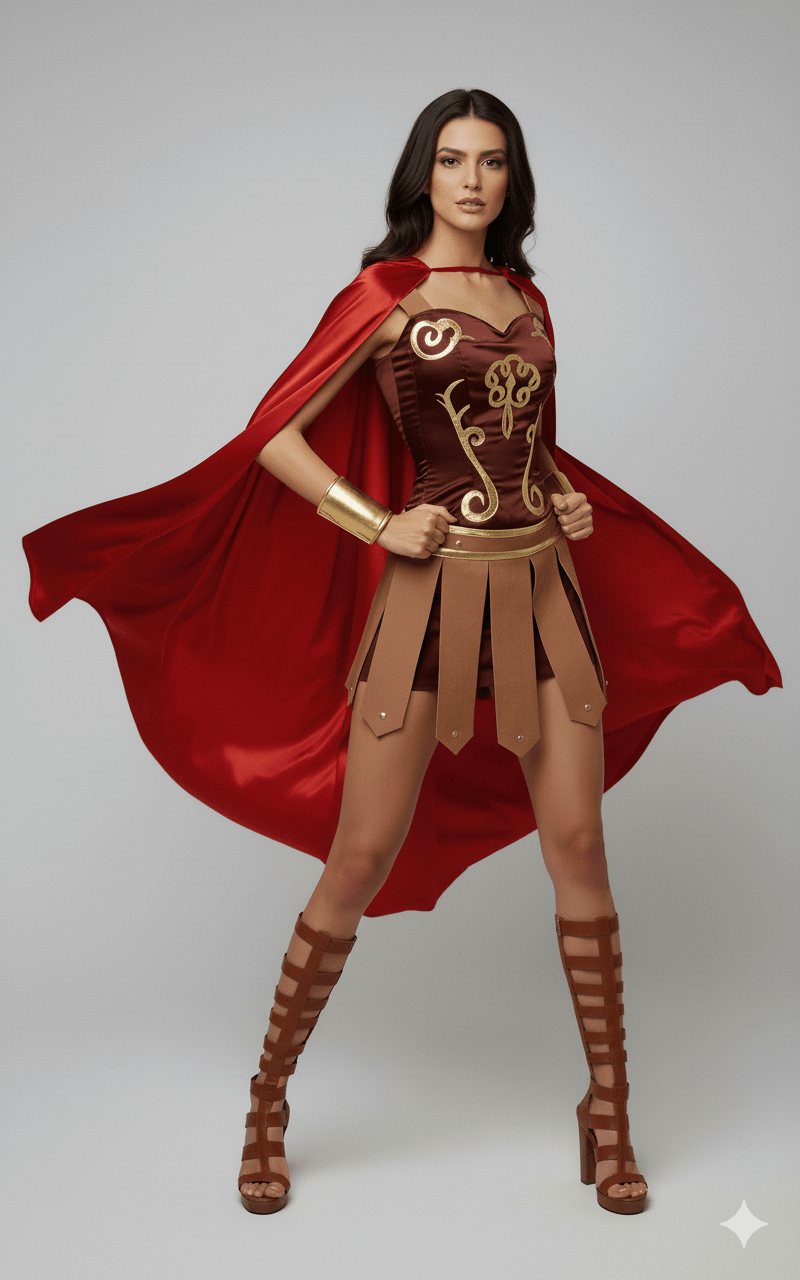 Disfraz de guerrera romana con corsé marrón, capa roja y sandalias altas tipo gladiador.