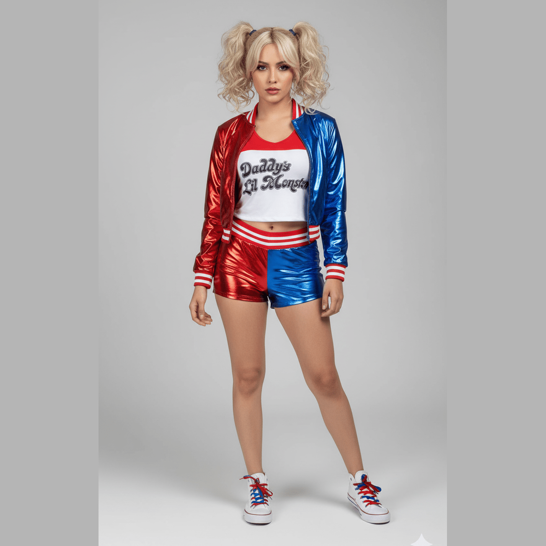 Disfraz Harley Quinn mujer chaqueta roja y azul, shorts a juego, camiseta blanca y tenis blancos.