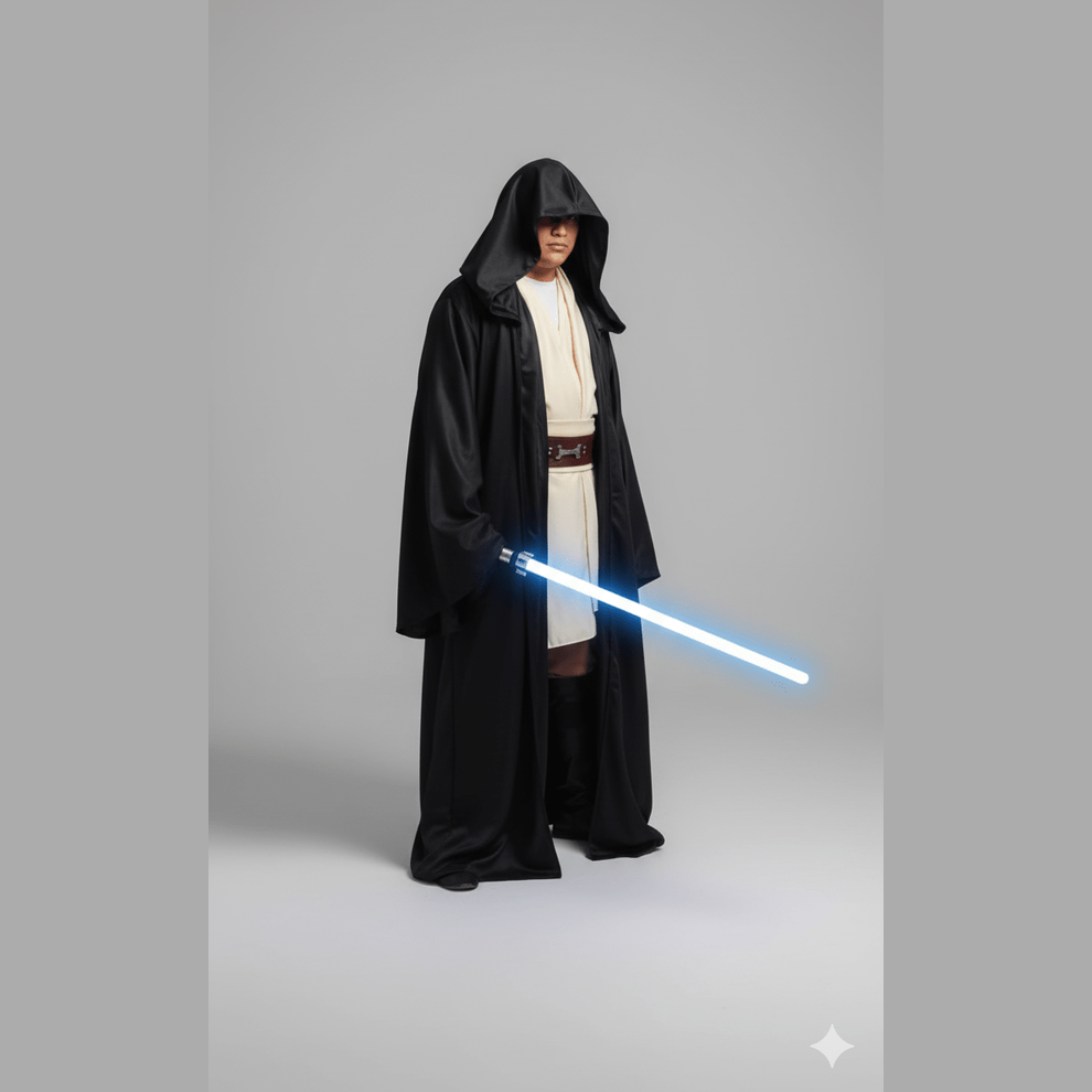 Disfraz completo de Jedi con túnica negra, capa con capucha y sable de luz azul.