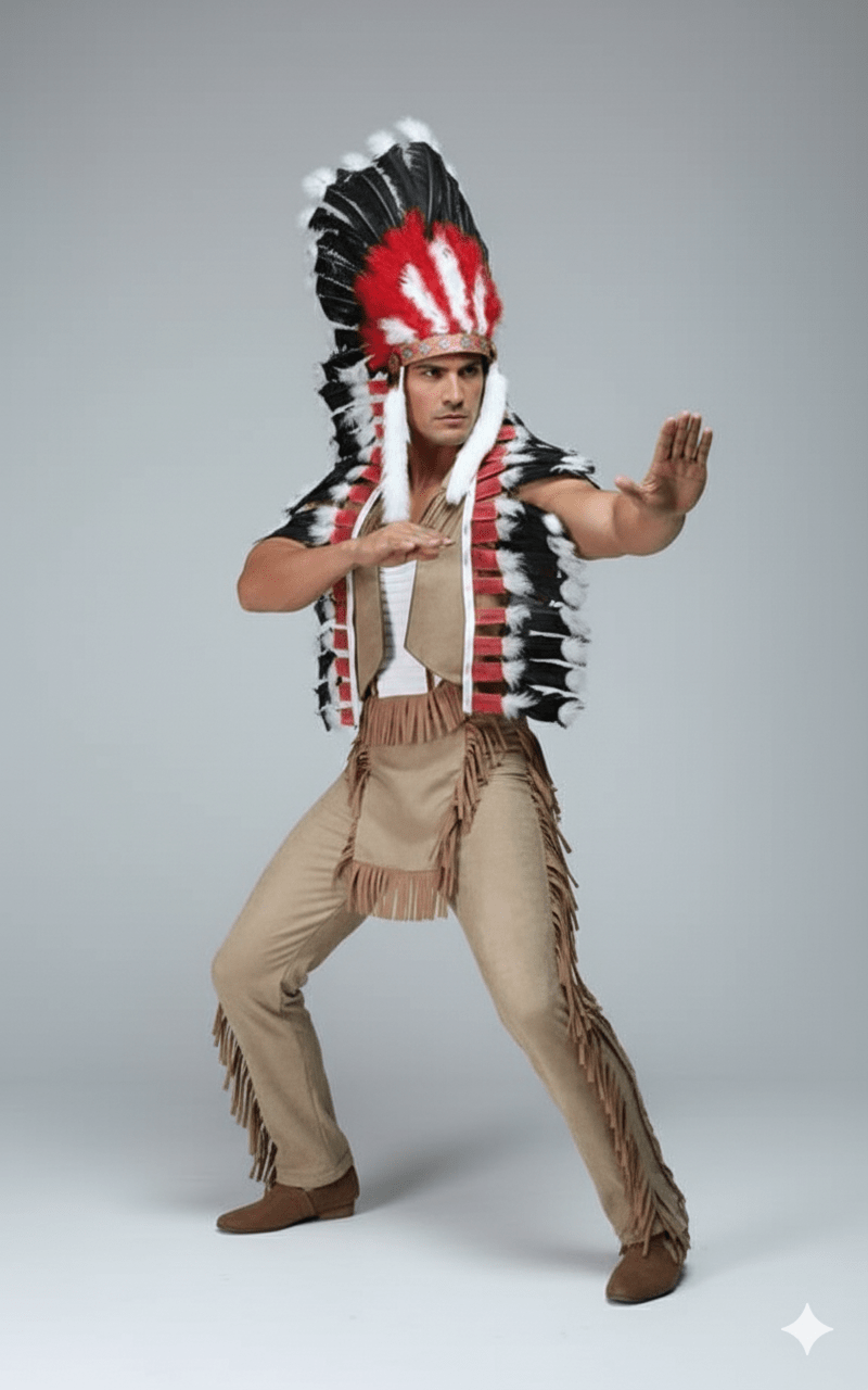Disfraz de jefe indio con tocado de plumas rojas, negras y blancas, pantalón beige con detalle flecos y cinturón étnico.