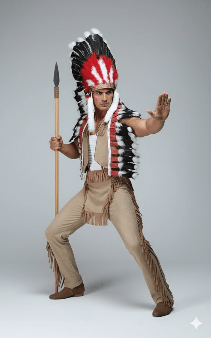 Disfraz de jefe indio con penacho rojo y negro, chaleco y pantalón beige con flecos, lanza.