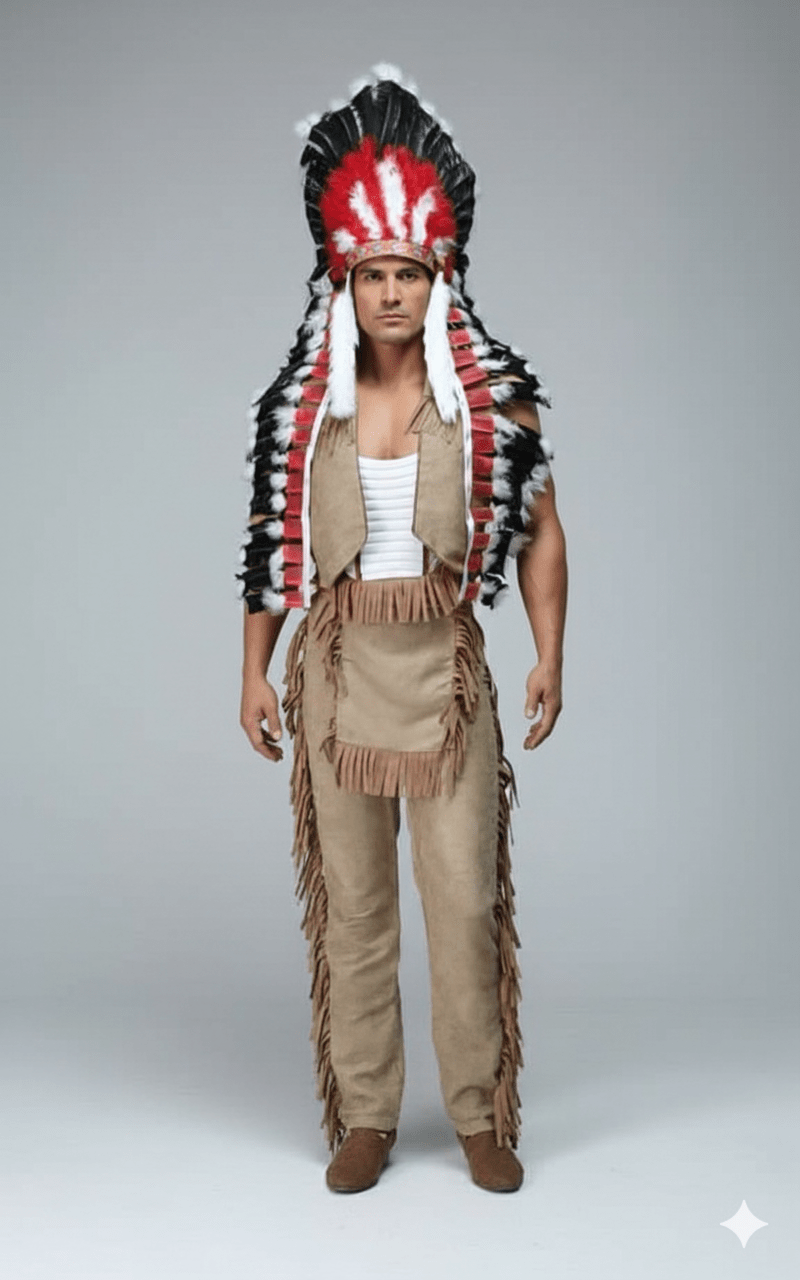Disfraz adulto jefe indio con penacho rojo y negro, chaleco blanco y pantalón beige con flecos.