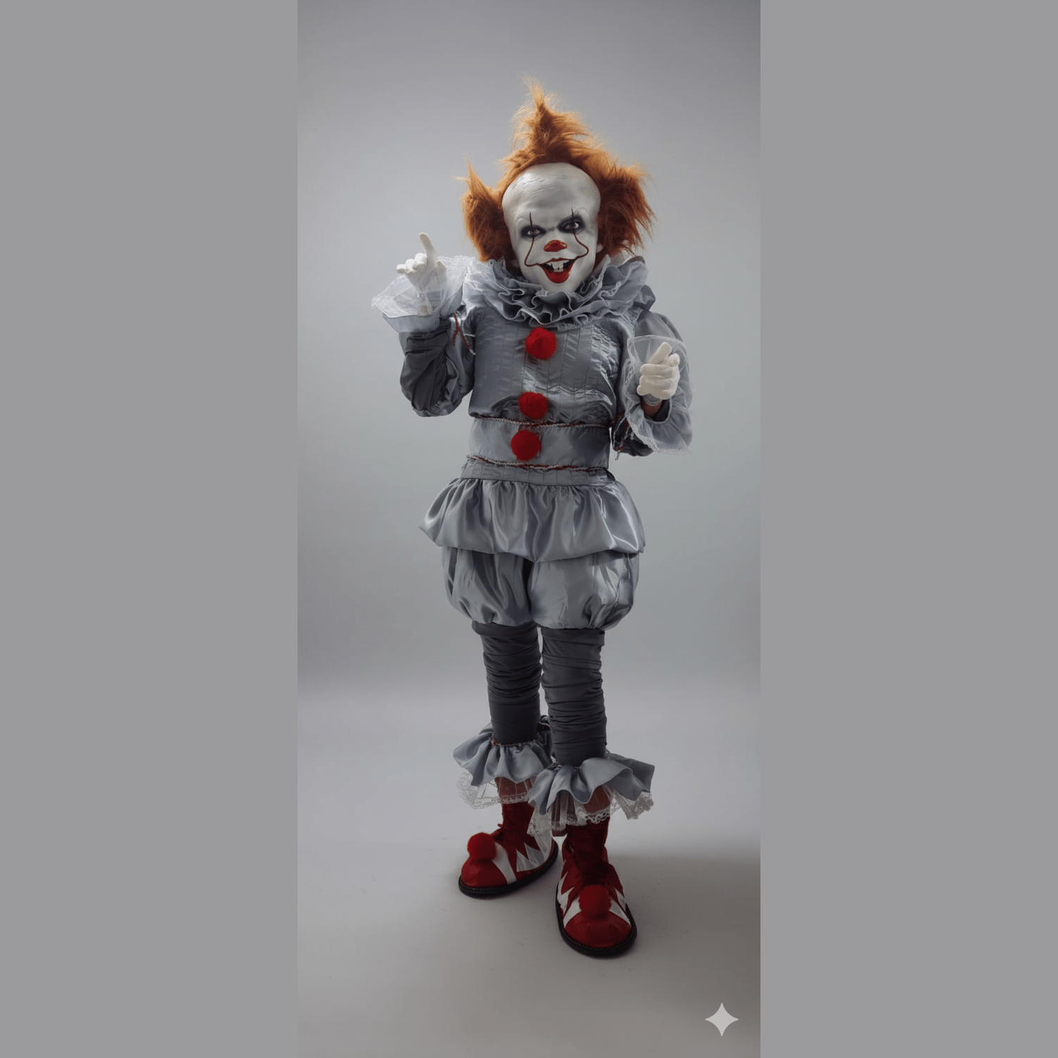 Disfraz gris de payaso con botones rojos y peluca naranja estilo terror.