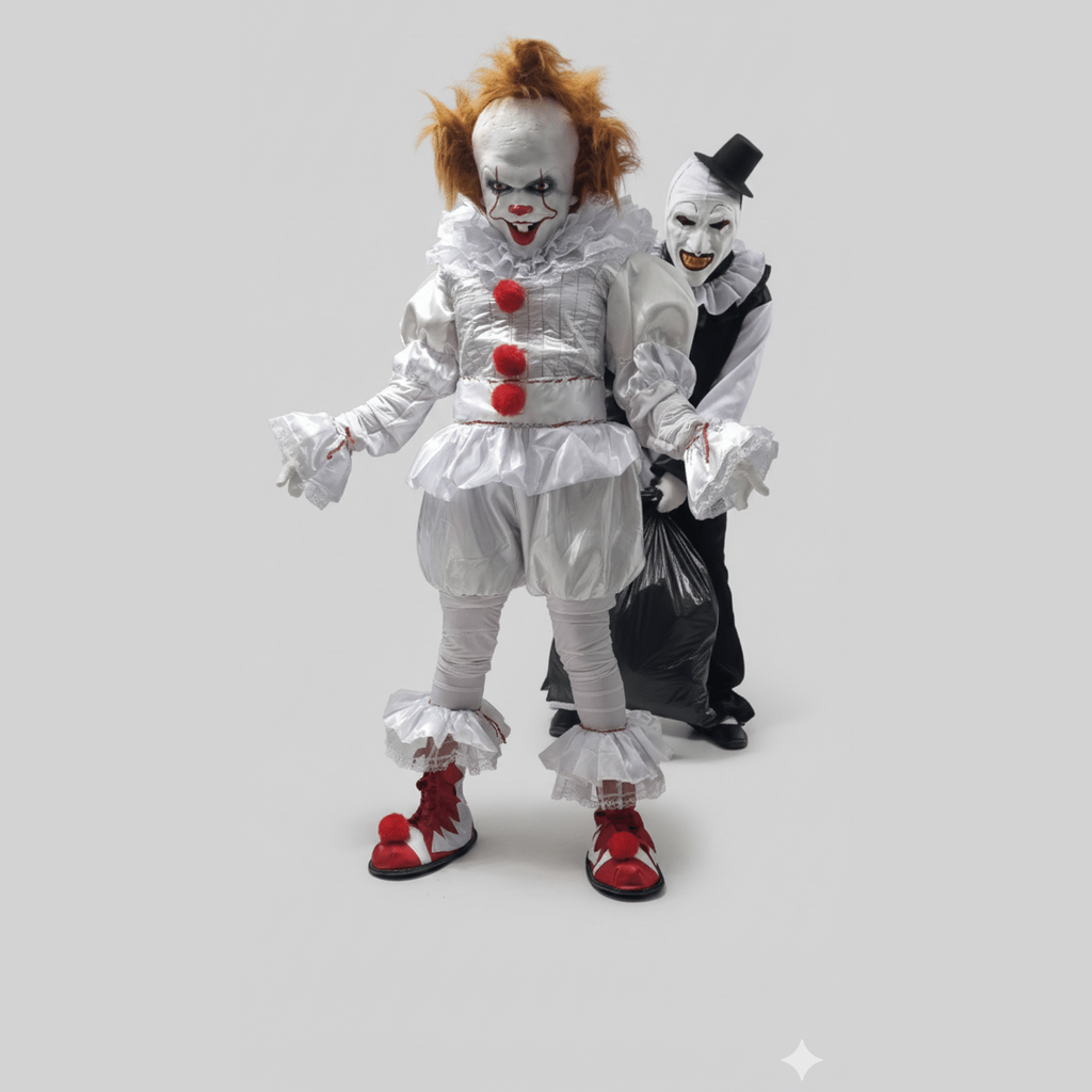 Disfraz de payaso terrorífico blanco con peluca anaranjada y detalles rojos, acompañado de otro disfraz oscuro y terrorífico.