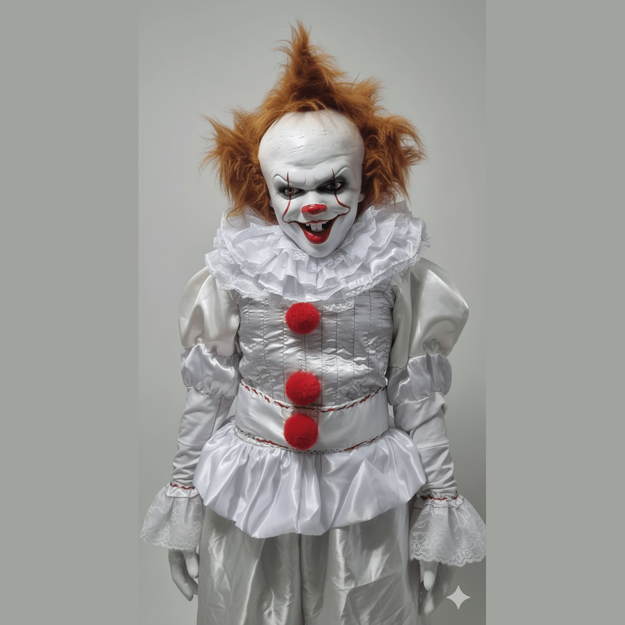 Disfraz de payaso terrorífico con peluca naranja, maquillaje blanco y vestido blanco con pompones rojos.