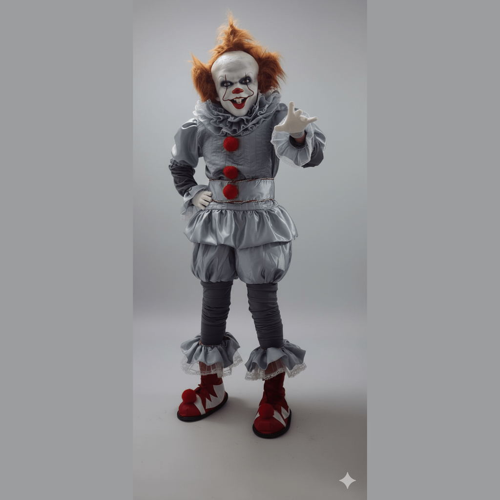 Disfraz completo de payaso terrorífico con peluca roja, botones rojos y maquillaje blanco y negro.