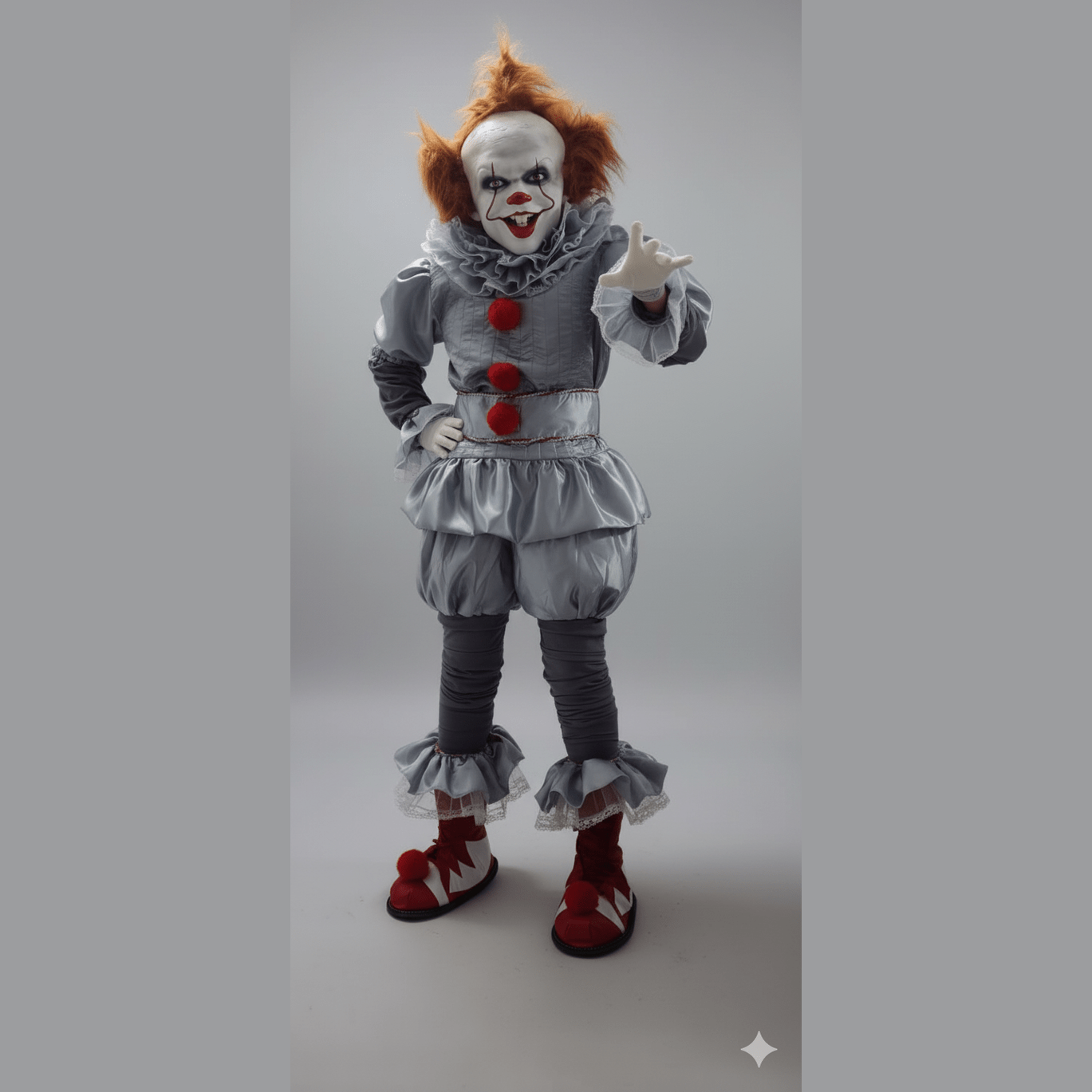 Disfraz completo de payaso terrorífico con peluca roja, botones rojos y maquillaje blanco y negro.