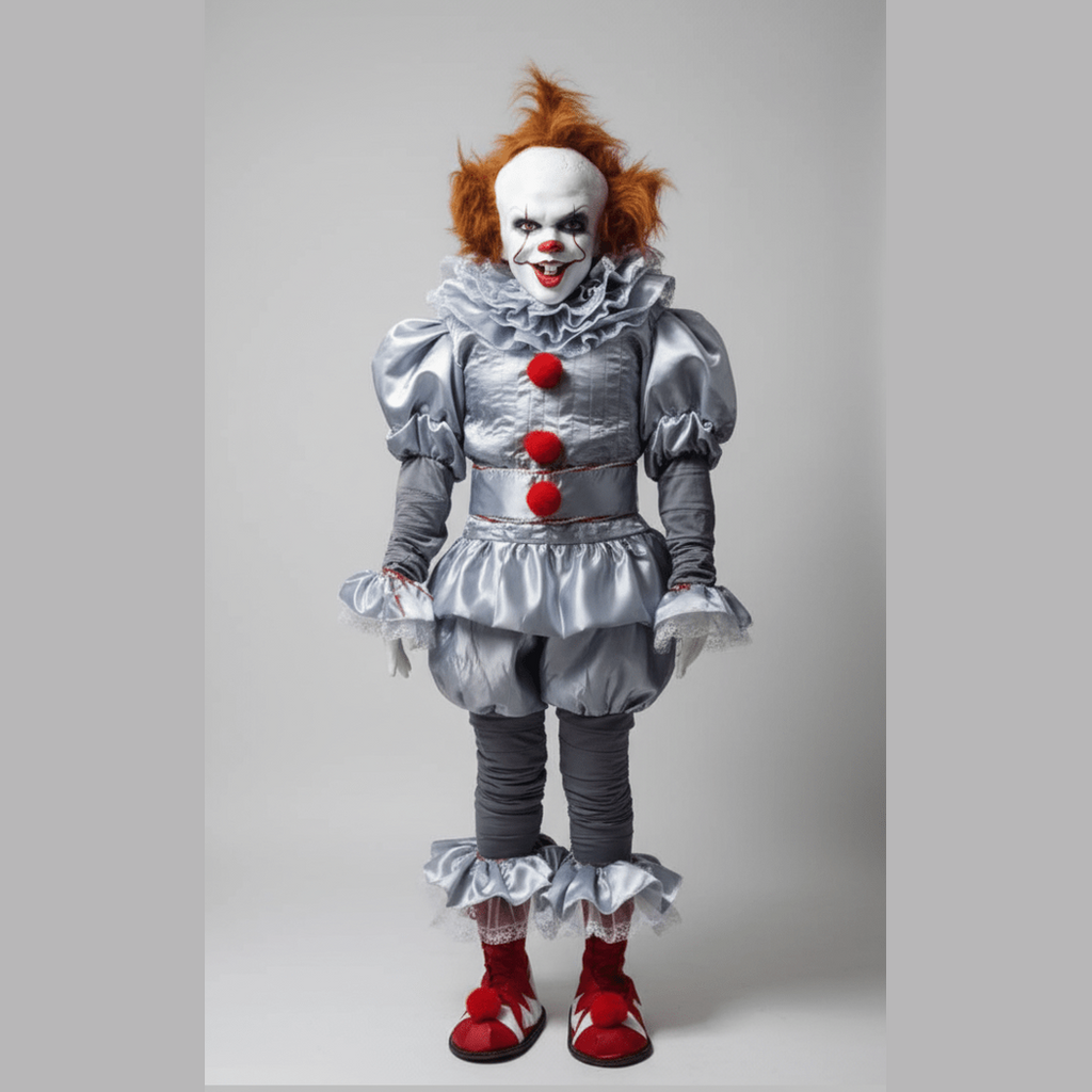 Disfraz de payaso terrorífico gris con pompones rojos y peluca anaranjada.