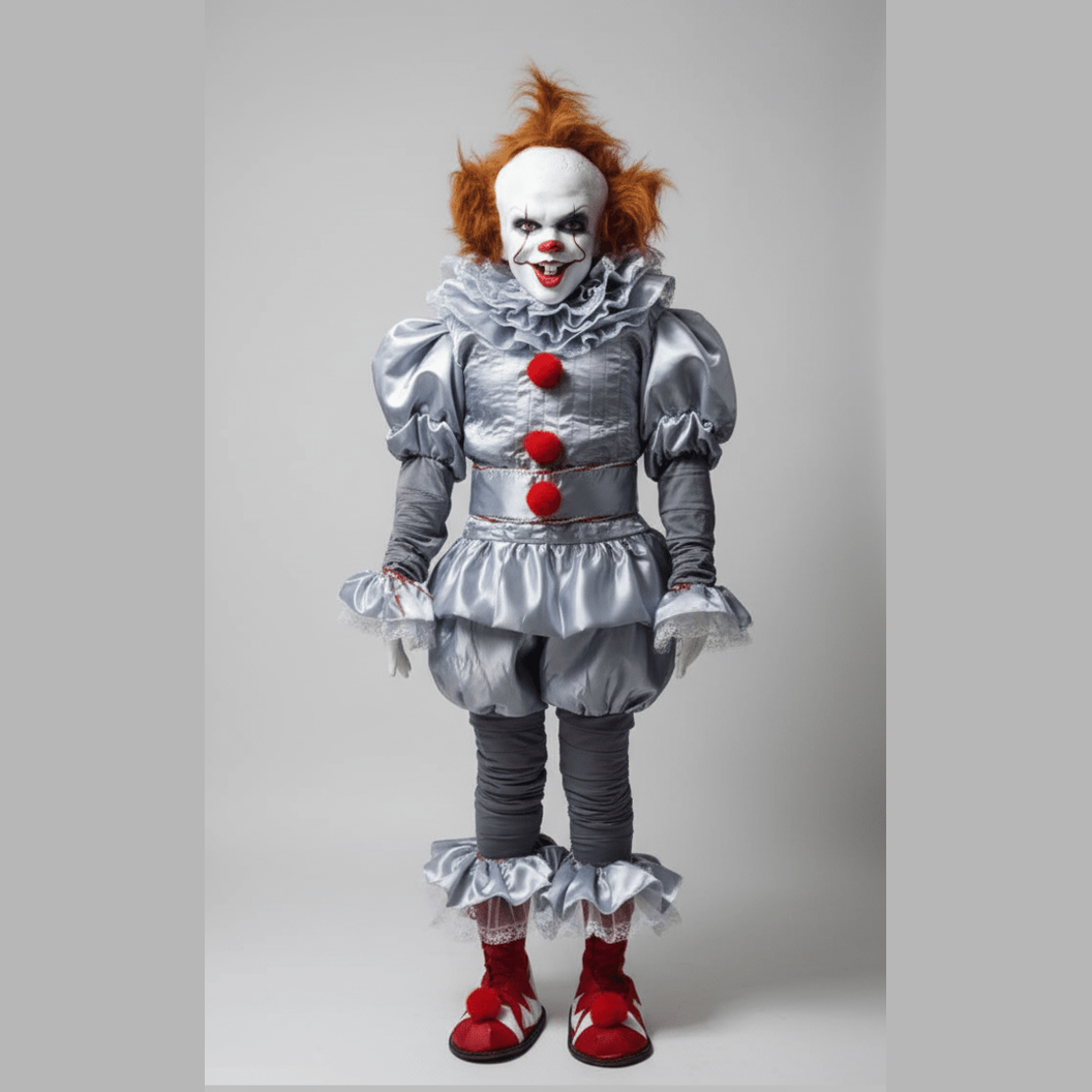 Disfraz de payaso terrorífico gris con pompones rojos y peluca anaranjada.