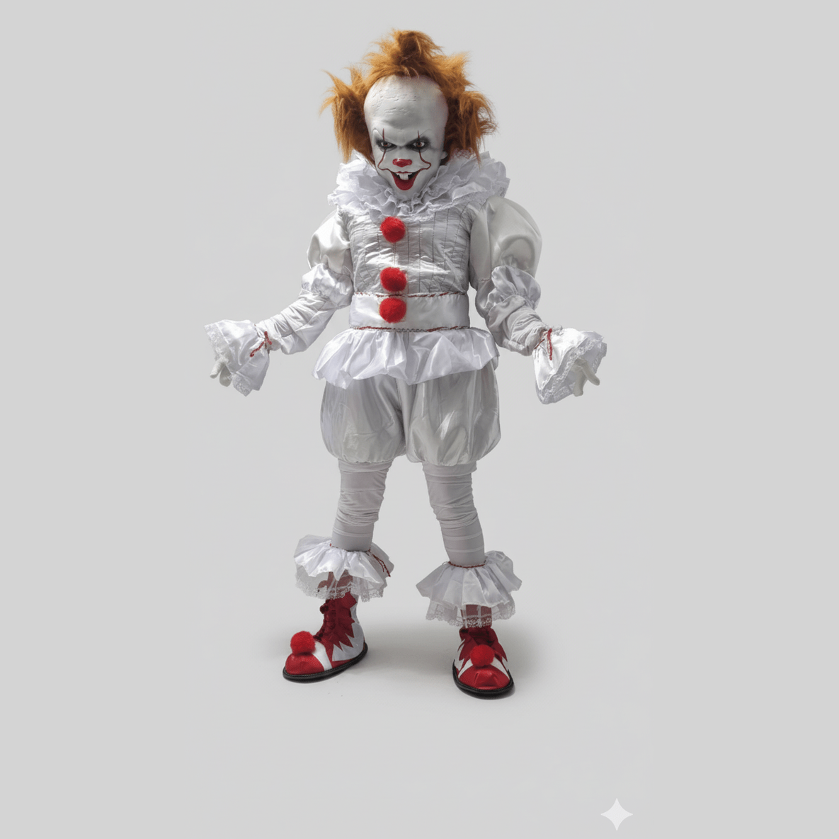 Disfraz de payaso terrorífico blanco con botones rojos y peluca naranja desordenada.