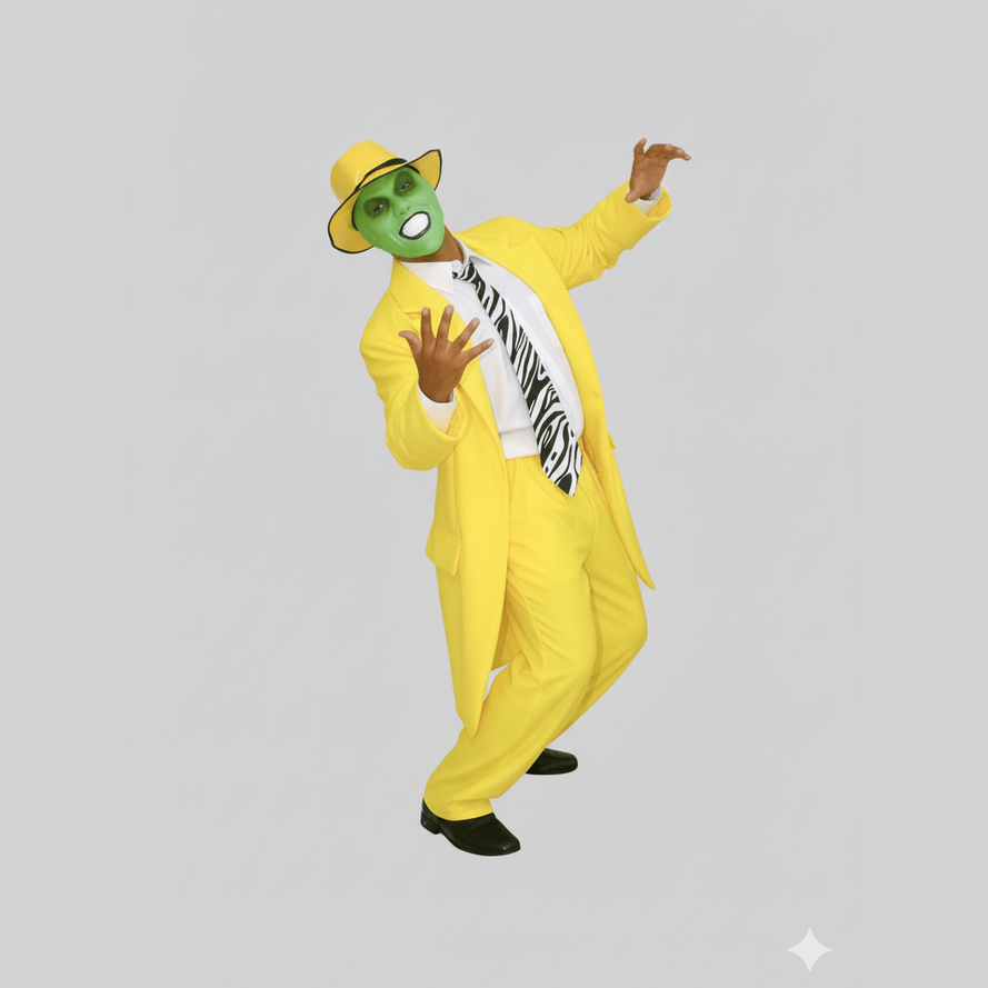 Disfraz amarillo de traje con sombrero y corbata blanca y negra, máscara verde de La Máscara.
