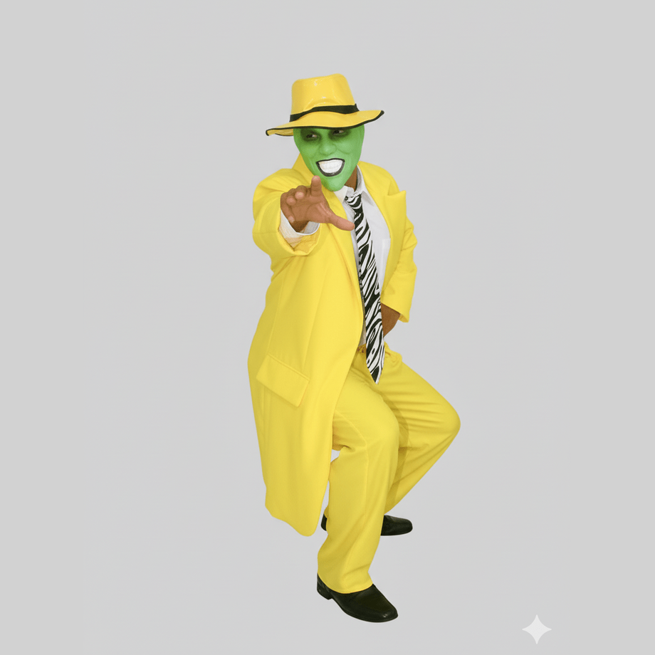 Disfraz adulto de La Máscara con traje amarillo, camisa blanca, corbata negra y blanca, máscara verde y sombrero amarillo.
