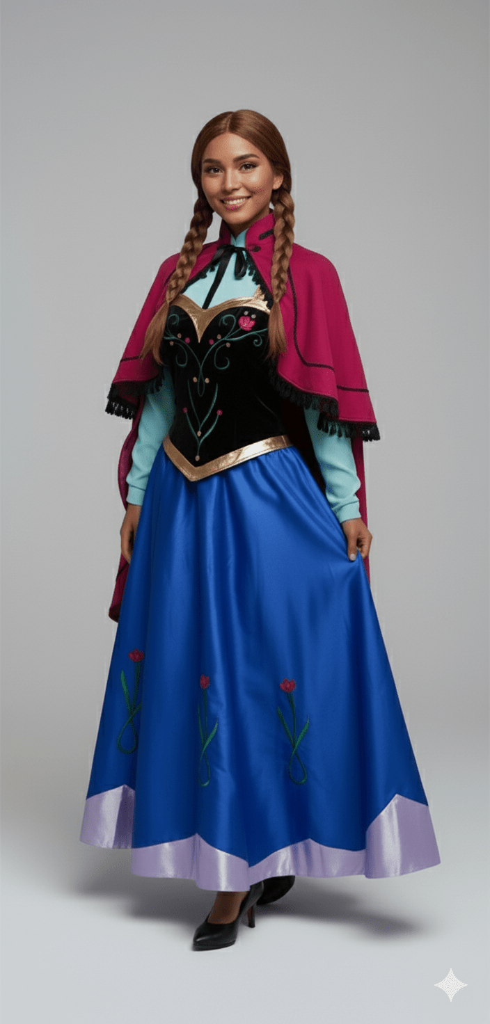 Disfraz de Anna con capa fucsia, vestido azul con bordados florales y corsé negro velvet.
