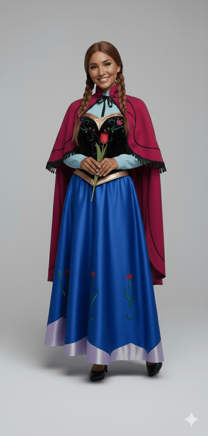 Disfraz adulto de Anna con vestido azul, capa roja y detalles bordados estilo Frozen.