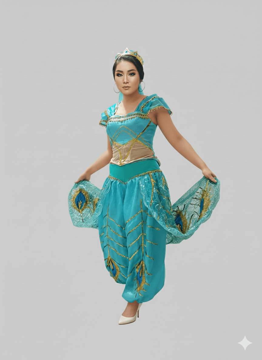 Disfraz turquesa estilo princesa Jasmín con top y pantalones bombachos, corona y velo dorados.