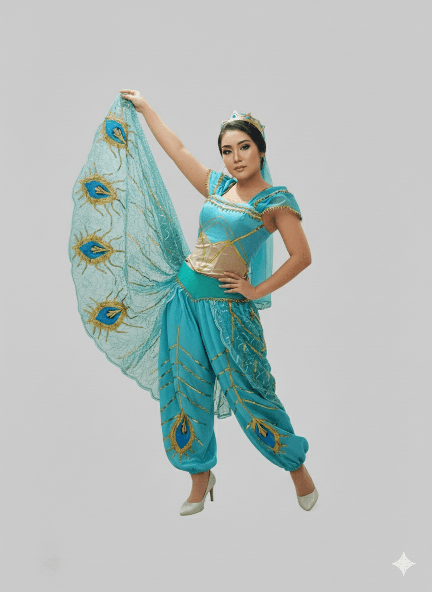 Disfraz azul turquesa de princesa Jasmín con pantalones bombachos y velo con detalles dorados y azul oscuro, corona dorada.