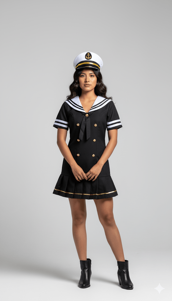 Disfraz de marinera unisex con vestido azul marino, botones dorados y gorra blanca de capitán naval.
