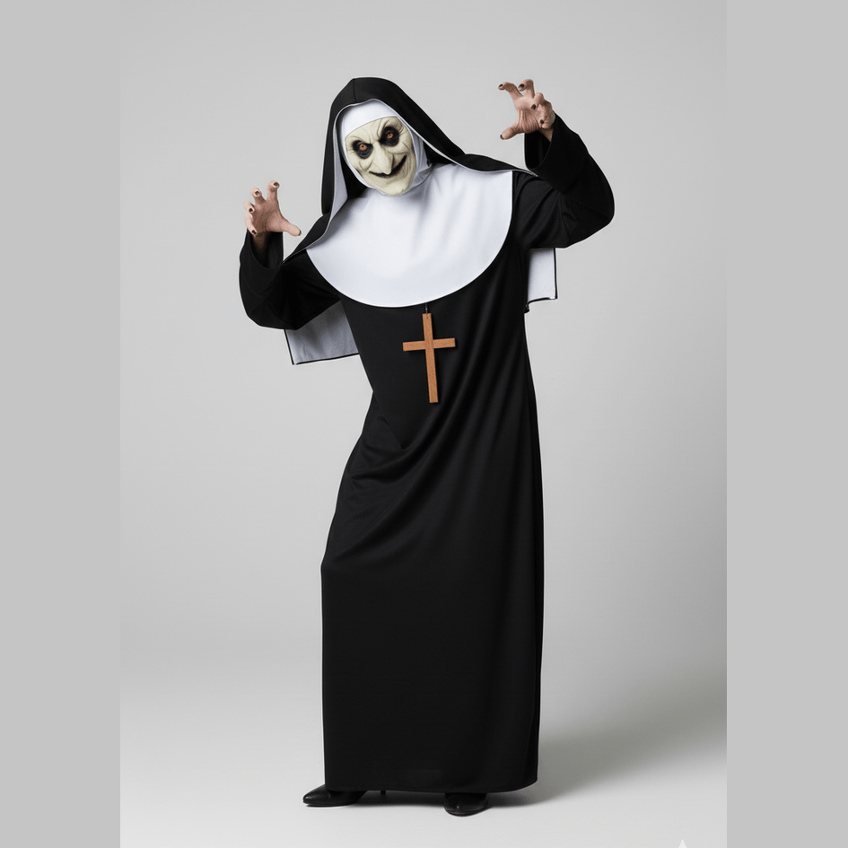 Disfraz de monja negro con hábito blanco y máscara de calavera para Halloween.