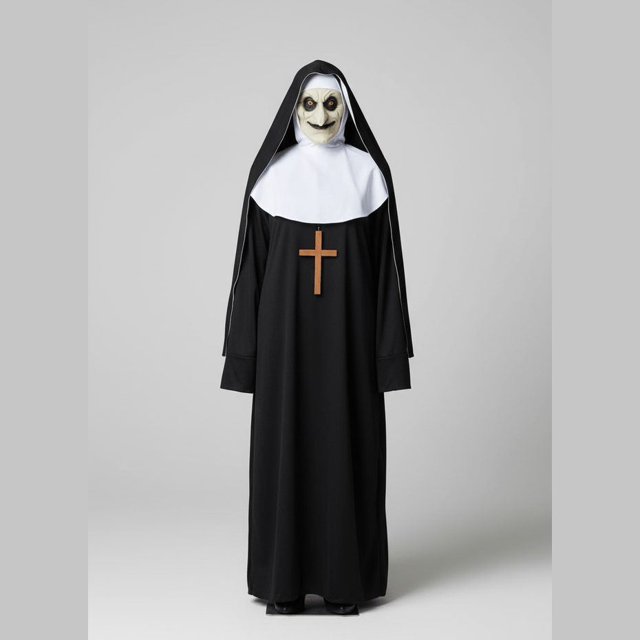 Disfraz de monja negro y blanco con cruz marrón y máscara de calavera blanca.
