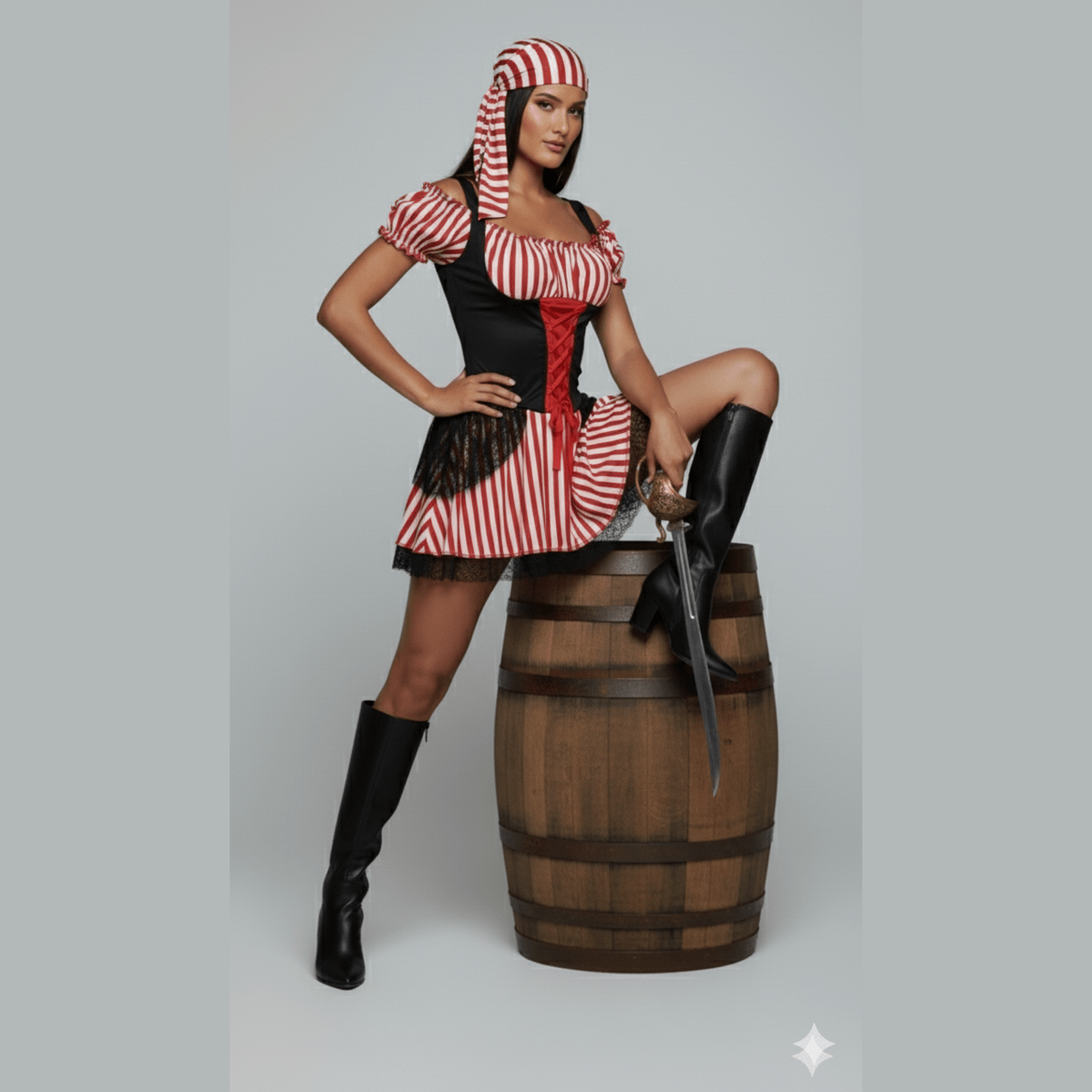 Disfraz de pirata adulto con vestido rojo y blanco a rayas, corsé negro y botas altas negras.