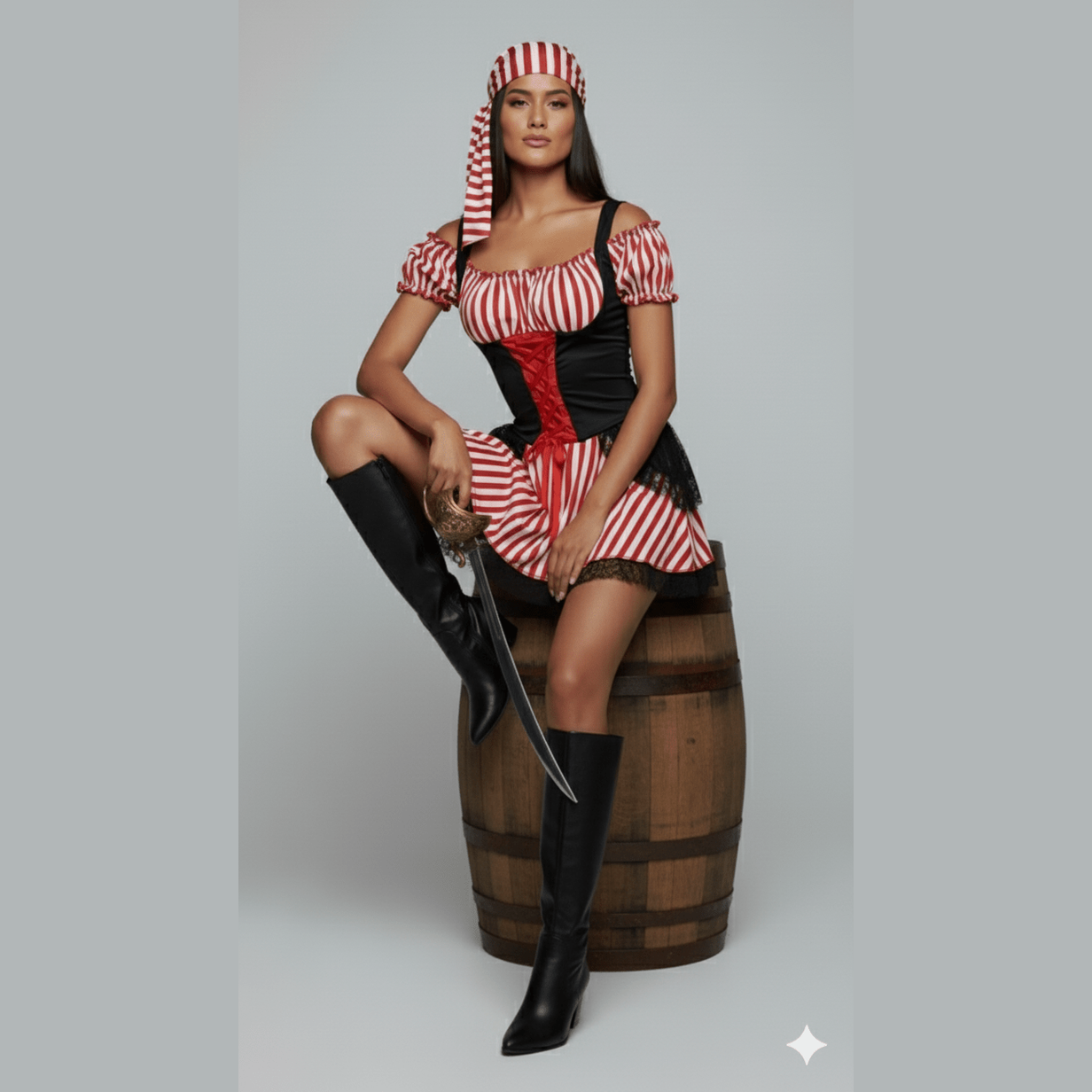 Disfraz pirata clásico mujer con vestido rojo y blanco a rayas, corsé negro y botas altas negras.