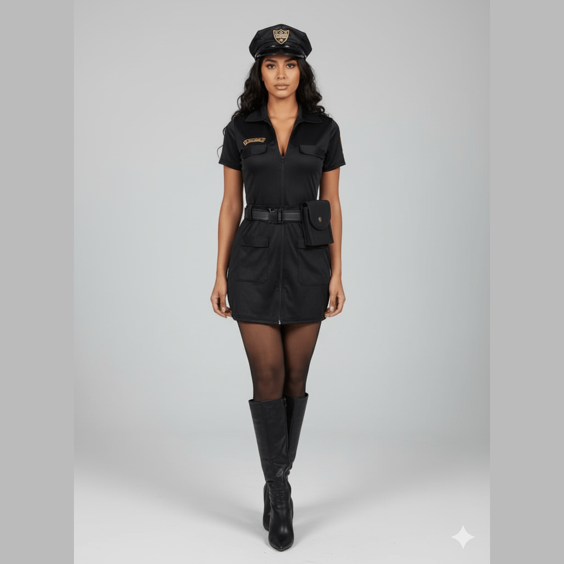 Vestido corto negro con cremallera, gorra policial y botas altas negras.