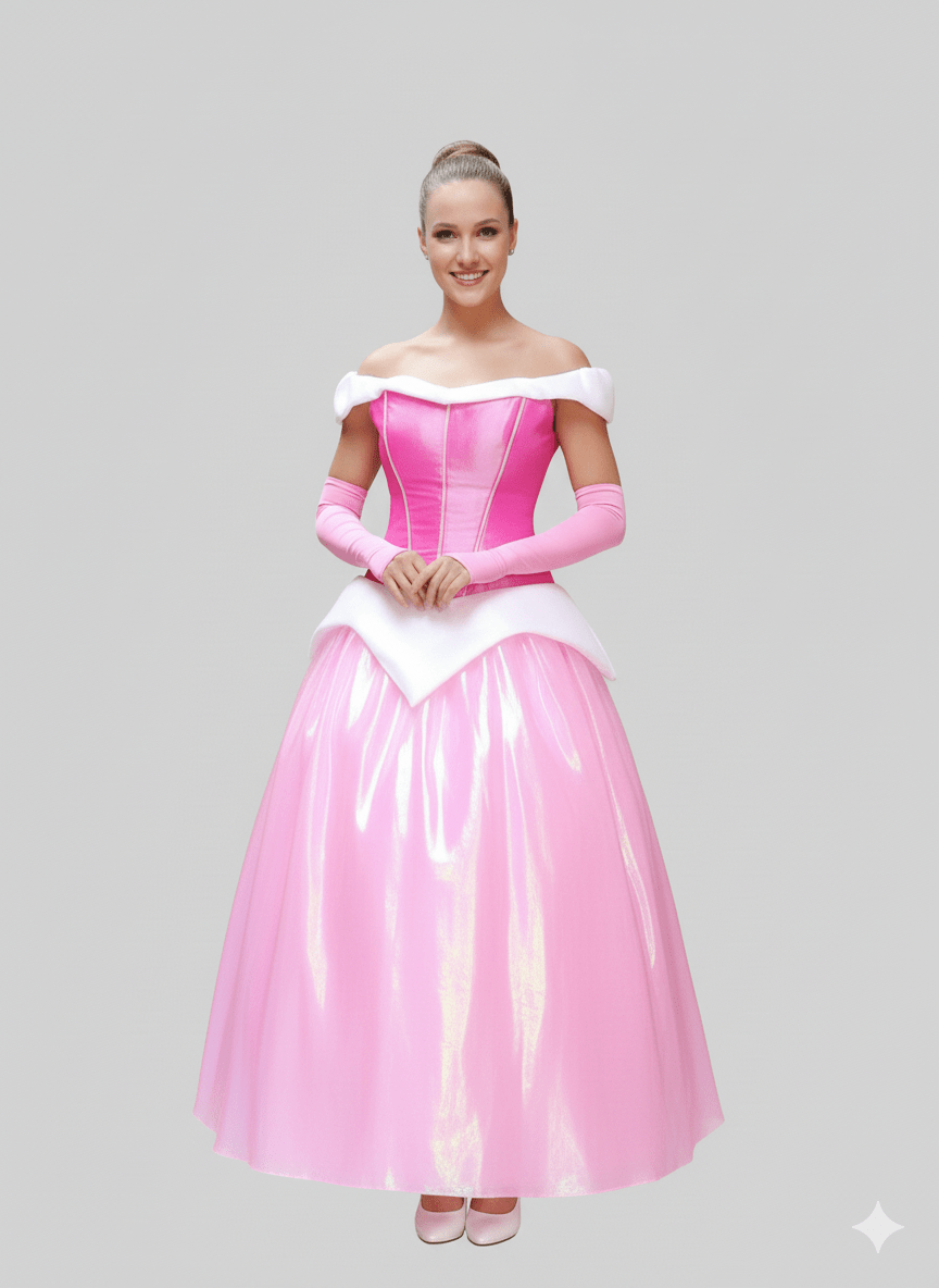 Vestido largo rosa brillante princesa Aurora con guantes largos a tono.